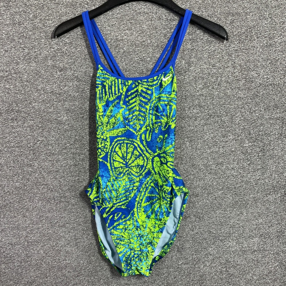 Nike Swimsuit Size 4 Girls Blue Lime Green Abstract Graphic One Piece *EUC*